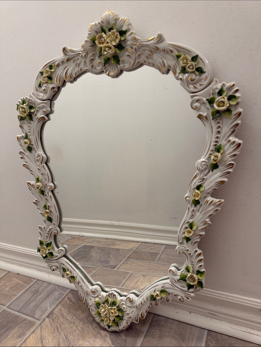 Ornate Floral Ceramic Wall Mirror in White and Green Capodimonte style.